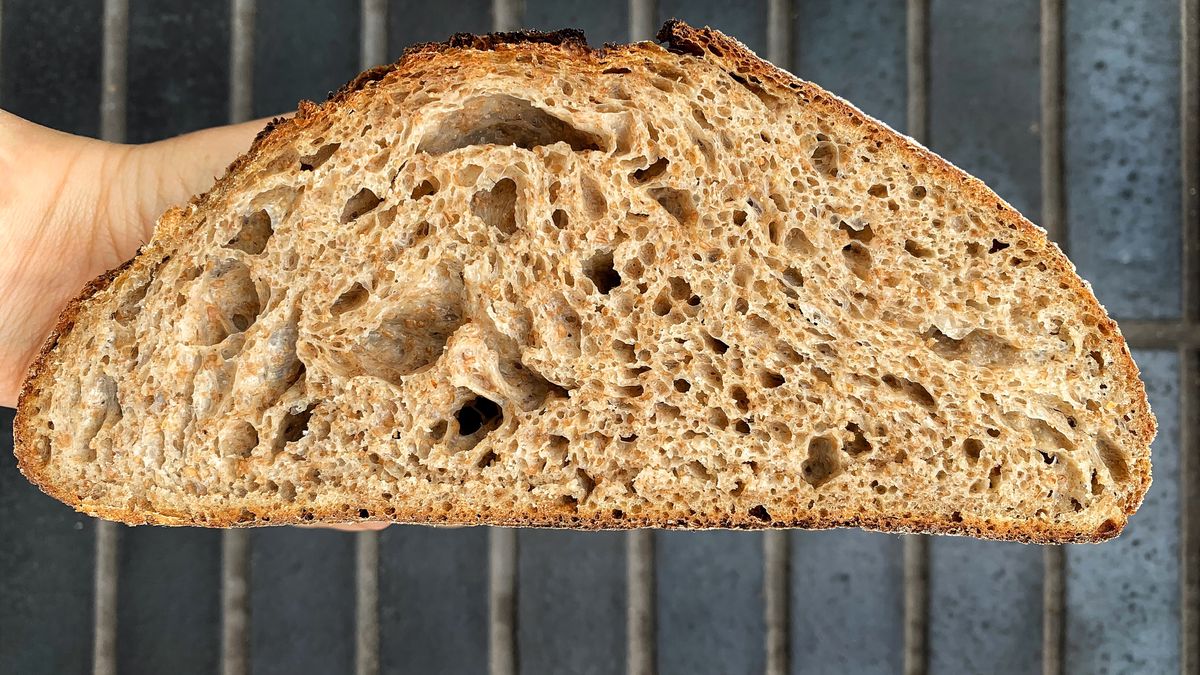 A loaf of sourdough from chef Johanna Hellrigl, who has been leaving free, sanitized jars of starter outside her house for people who request them on Instagram.