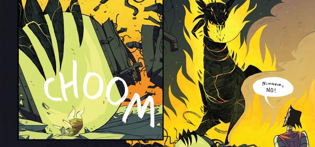 In a pair of panels from the comic Nimona, the black, flaming dragon version of Nimona upends a green class container holding the small girl version of Nimona, with a huge CHOOM sound effect. Wreathed in fire, it looks at the knight Ballister Blackheart, who shouts, “Nimona, NO!”