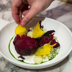 Fraser adds pickled cucumber cores and slivers of raw golden baby beets.