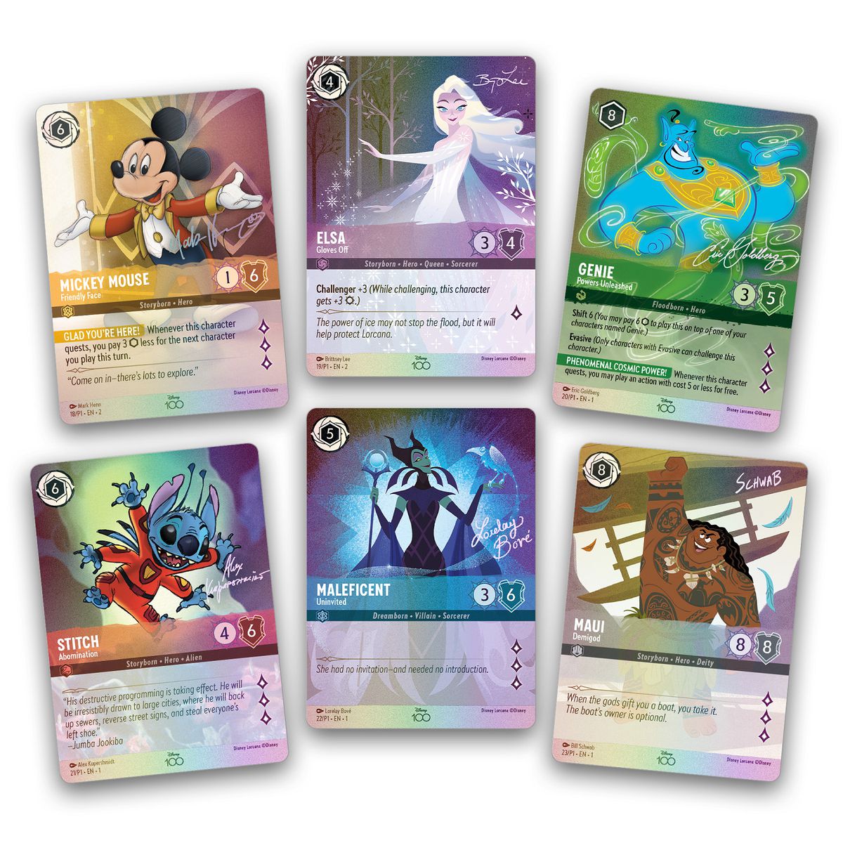 Six collectible cards in a special Disney100 treatment from Disney Lorcana: The First Chapter. They include Mickey Mouse, Elsa, Genie, Stitch, Maleficent, and Maui.