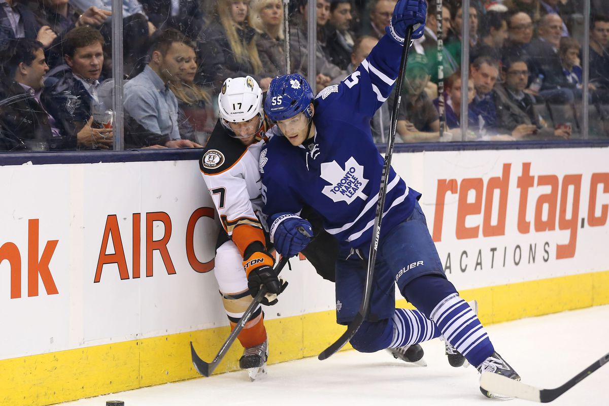 Korbinian Holzer, back in the day for the Leafs, making Ryan Kesler's life difficult.