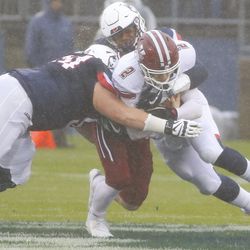 The UMass Minutemen take on the UConn Huskies in a college football game at Pratt & Whitney Stadium at Rentschler Field in East Hartford, CT on October 27, 2018.