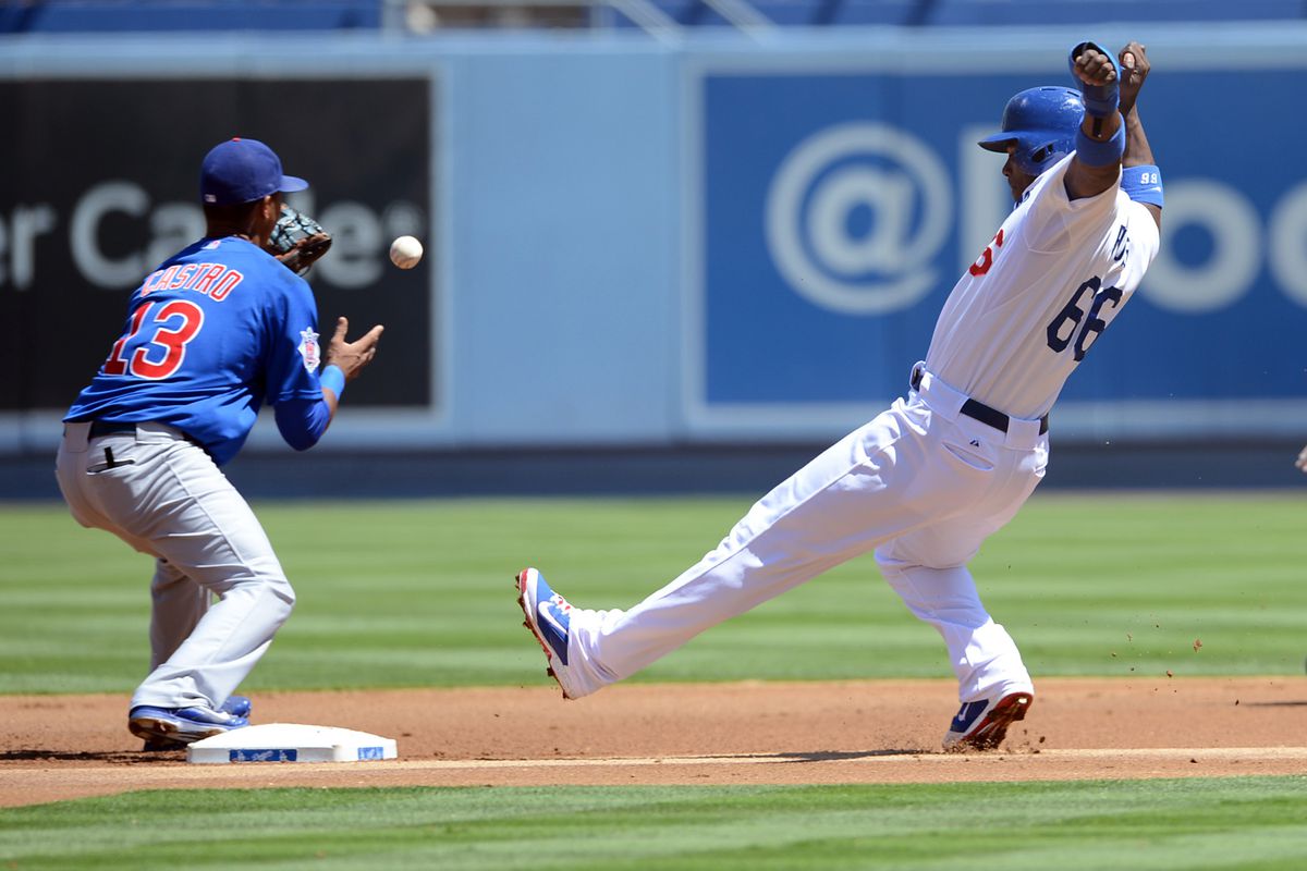 Puig sliding in the first inning on Wednesday.