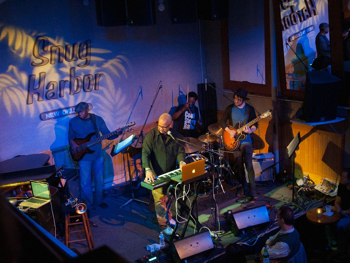 Donald Ramsey, Terence Blanchard, Oscar Seaton and Charles Altura of Terence Blanchard’s E-Collective perform at Snug Harbor on December 4, 2014 in New Orleans, Louisiana.