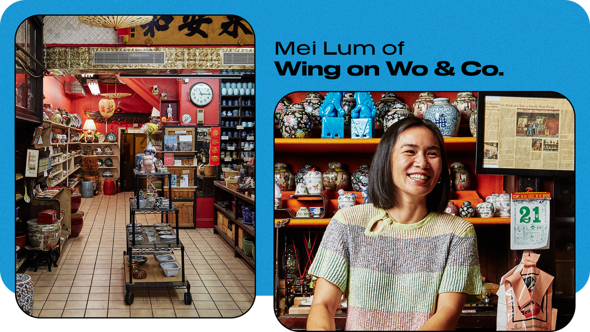 Two photos are tied together using blue, one of Mei Lum and one inside of her store. Mei is smiling in a multicolored short sleeved sweater, her dark hair cut at her shoulders. Behind her, and within the store, are porcelain jars and vases for sale 