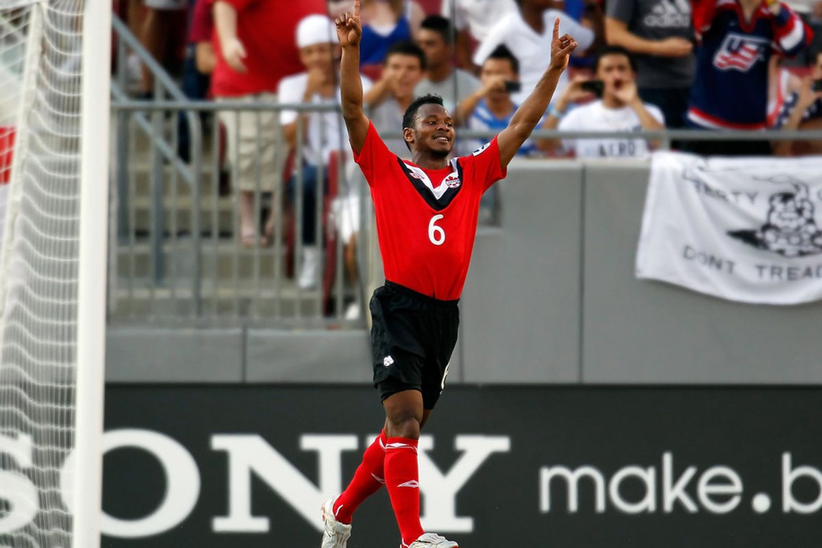 TAMPA, FL - JUNE 11:  Julian De Guzman #6 of Team Canada celebrates his team's goal against Team Guadeloupe during the CONCACAF Gold Cup Match at Raymond James Stadium on June 11, 2011 in Tampa, Florida.  (Photo by J. Meric/Getty Images)