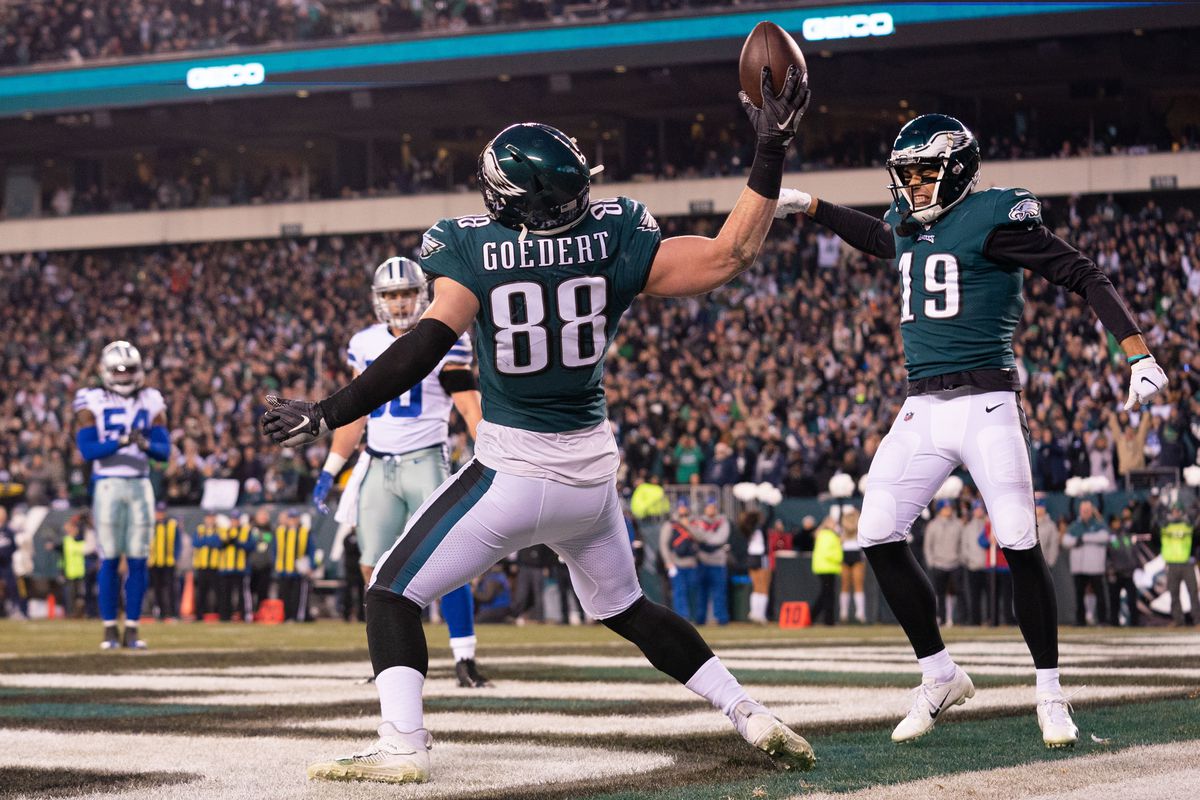 Philadelphia Eagles tight end Dallas Goedert reacts after his touchdown against the Dallas Cowboys during the first quarter at Lincoln Financial Field