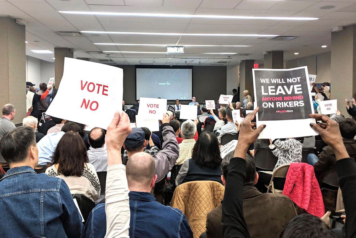 Both opponents and supporters of a plan to build four new jails and close Rikers Island voiced their concerns at a contentious Manhattan Community Board 1 meeting, April 8, 2019.  