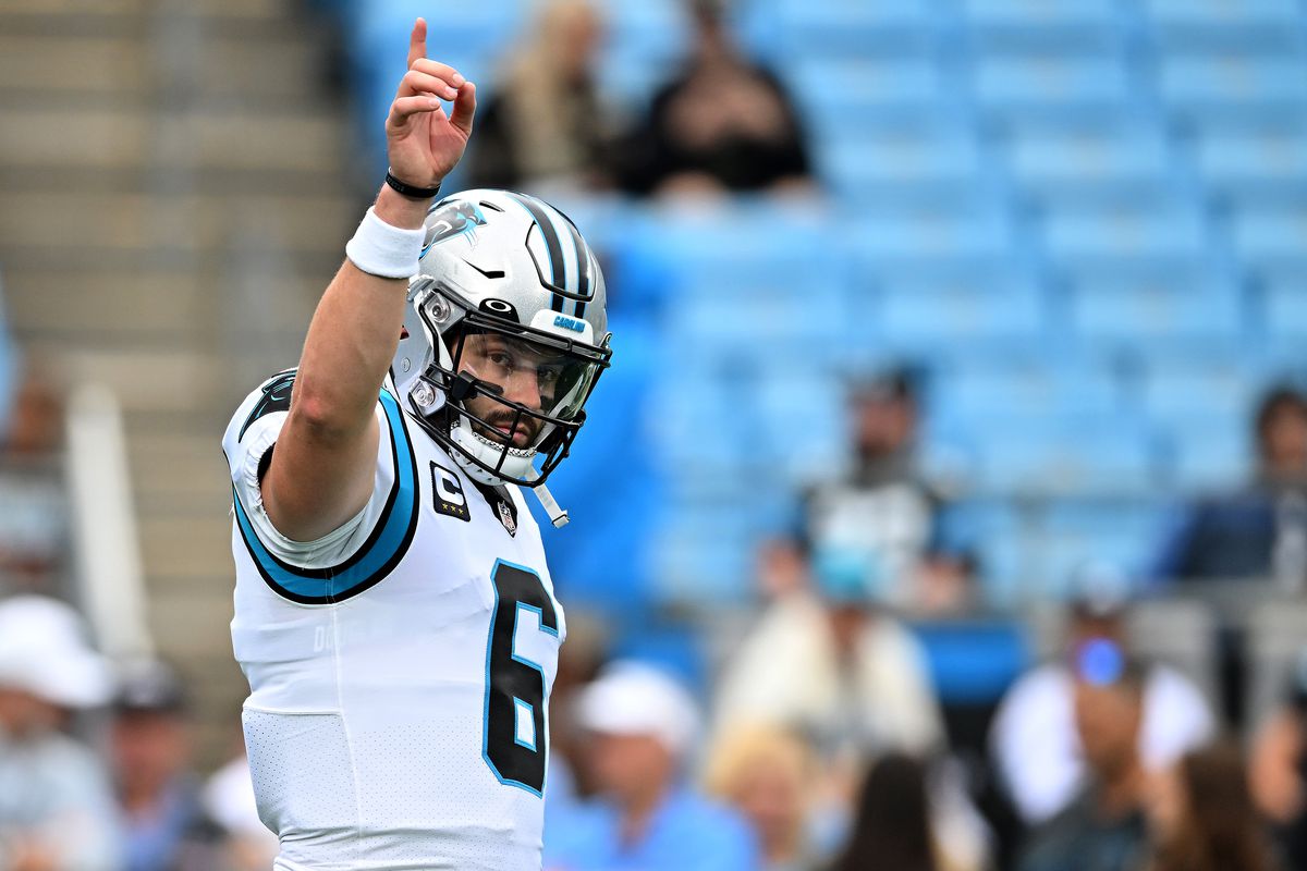 Baker Mayfield of the Carolina Panthers is shown during their game against the New Orleans Saints at Bank of America Stadium on September 25, 2022 in Charlotte, North Carolina.