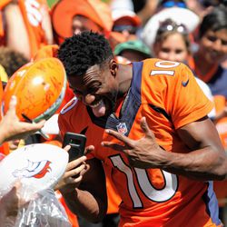 Wide receiver Emmanuel Sanders has some fun with the fans. 