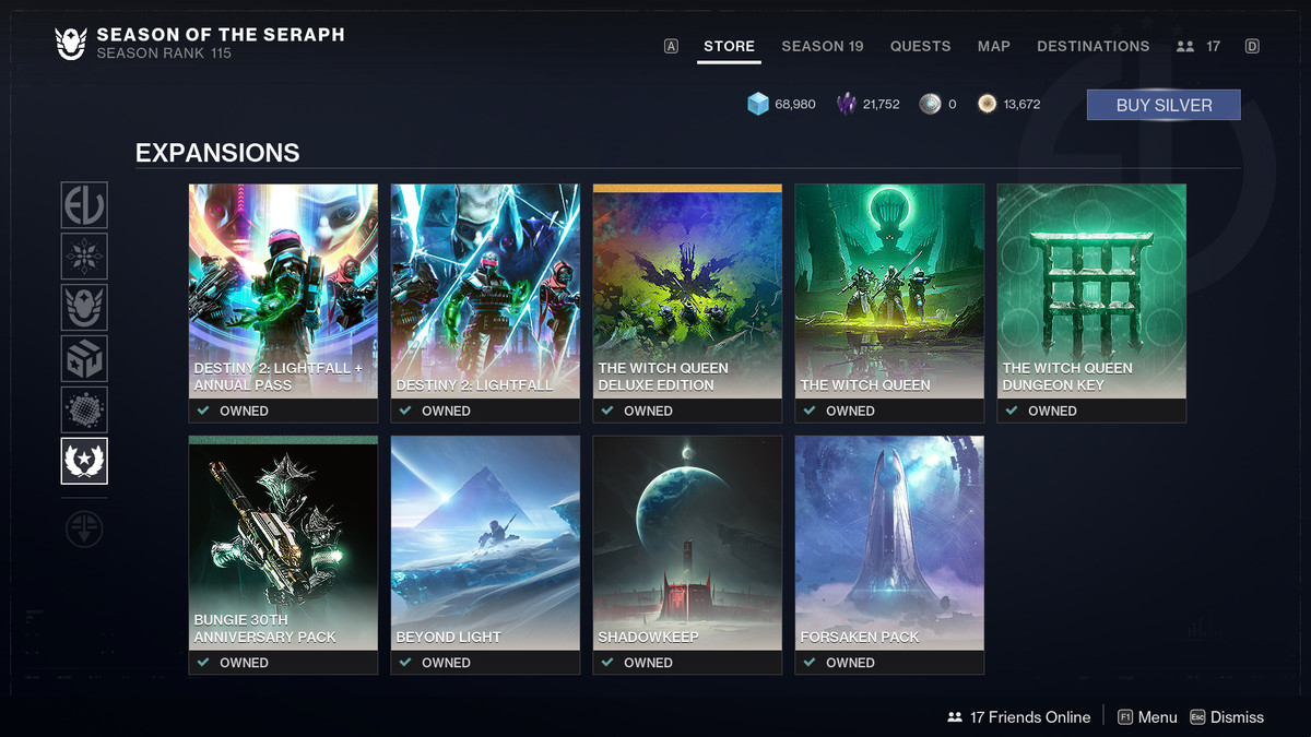 The expansion purchase screen from Destiny 2