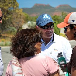 Sen. Orrin Hatch, R-Utah, San Juan County Commissioner Rebecca Benally and Gov. Gary Herbert talk with Natasha Hale, who supports the proposed Bears Ears Monument, during a tour of Natural Bridges National Monument in southeast Utah on Thursday, June 2, 2016.