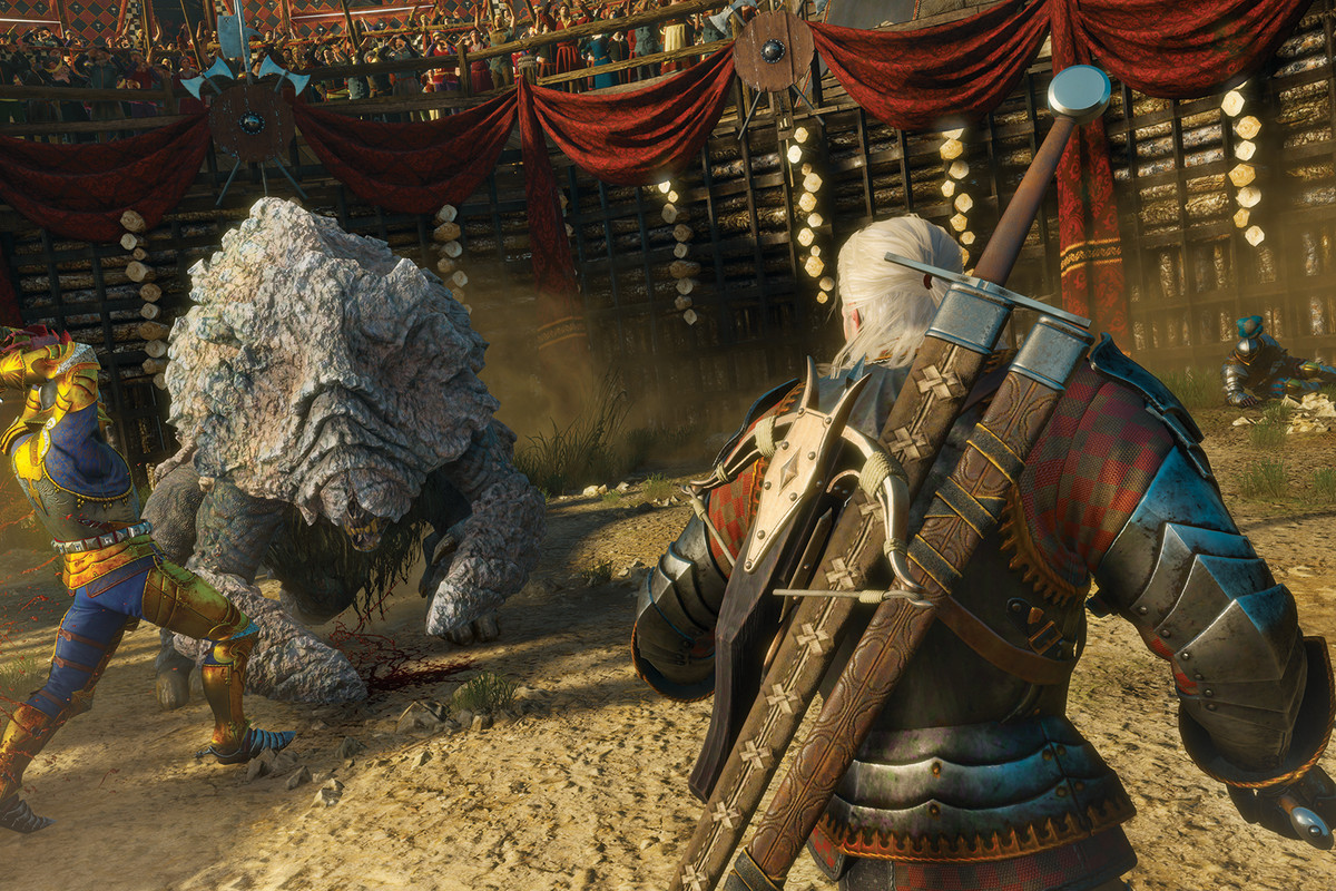 The Witcher 3: Wild Hunt - Blood and Wine - Geralt and another man fight a rocky creature in a gladiatorial arena