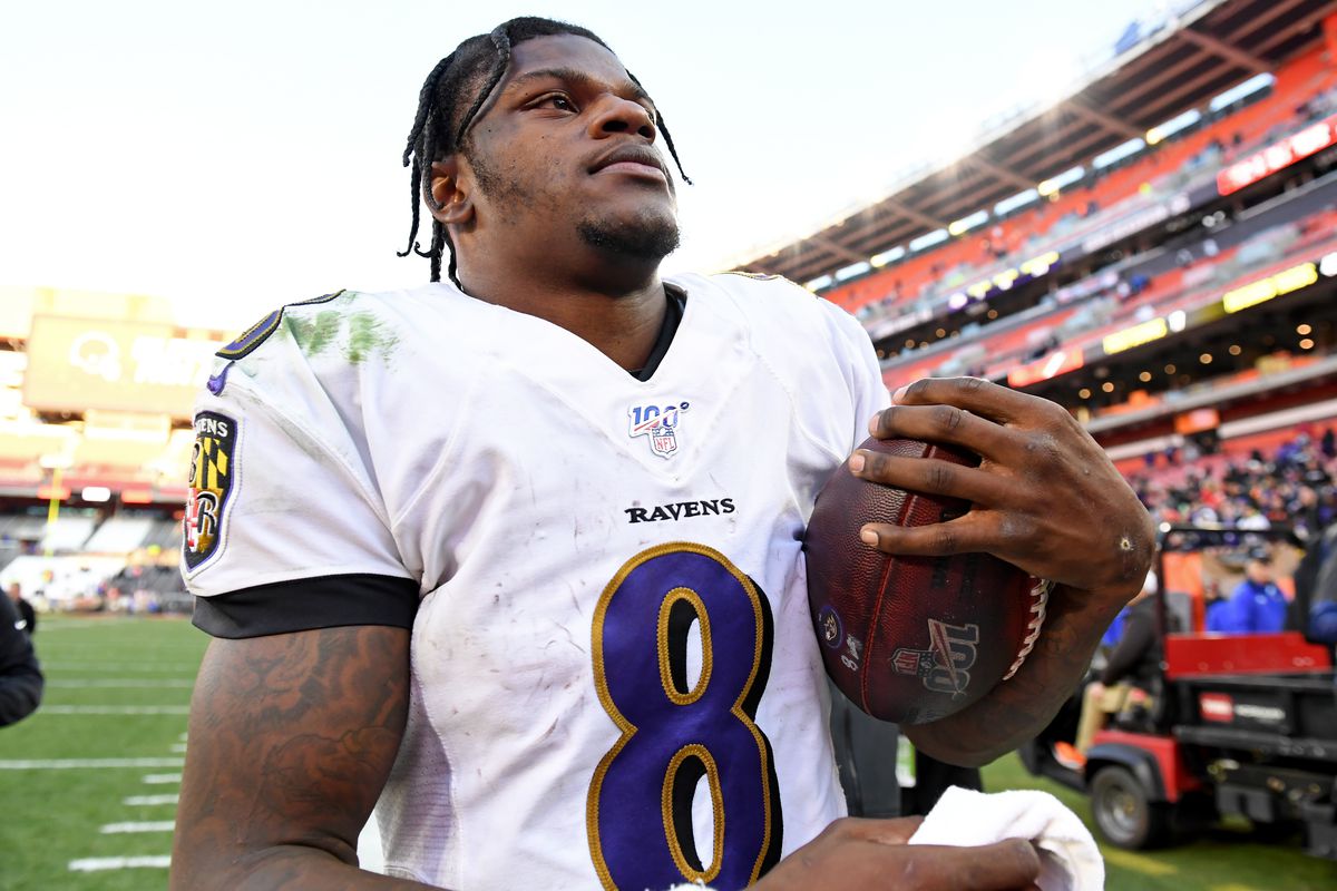 Quarterback Lamar Jackson of the Baltimore Ravens walks off the field after a game against the Cleveland Browns on December 22, 2019 at FirstEnergy Stadium in Cleveland, Ohio.