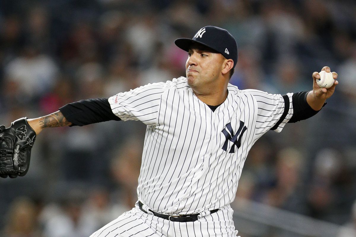Pitcher Nestor Cortes Jr. #67 of the New York Yankees pitches during the second MLB baseball game of a doubleheader against the Baltimore Orioles on August 12, 2019 at Yankee Stadium in the Bronx borough of New York City. Yankees won 11-8.