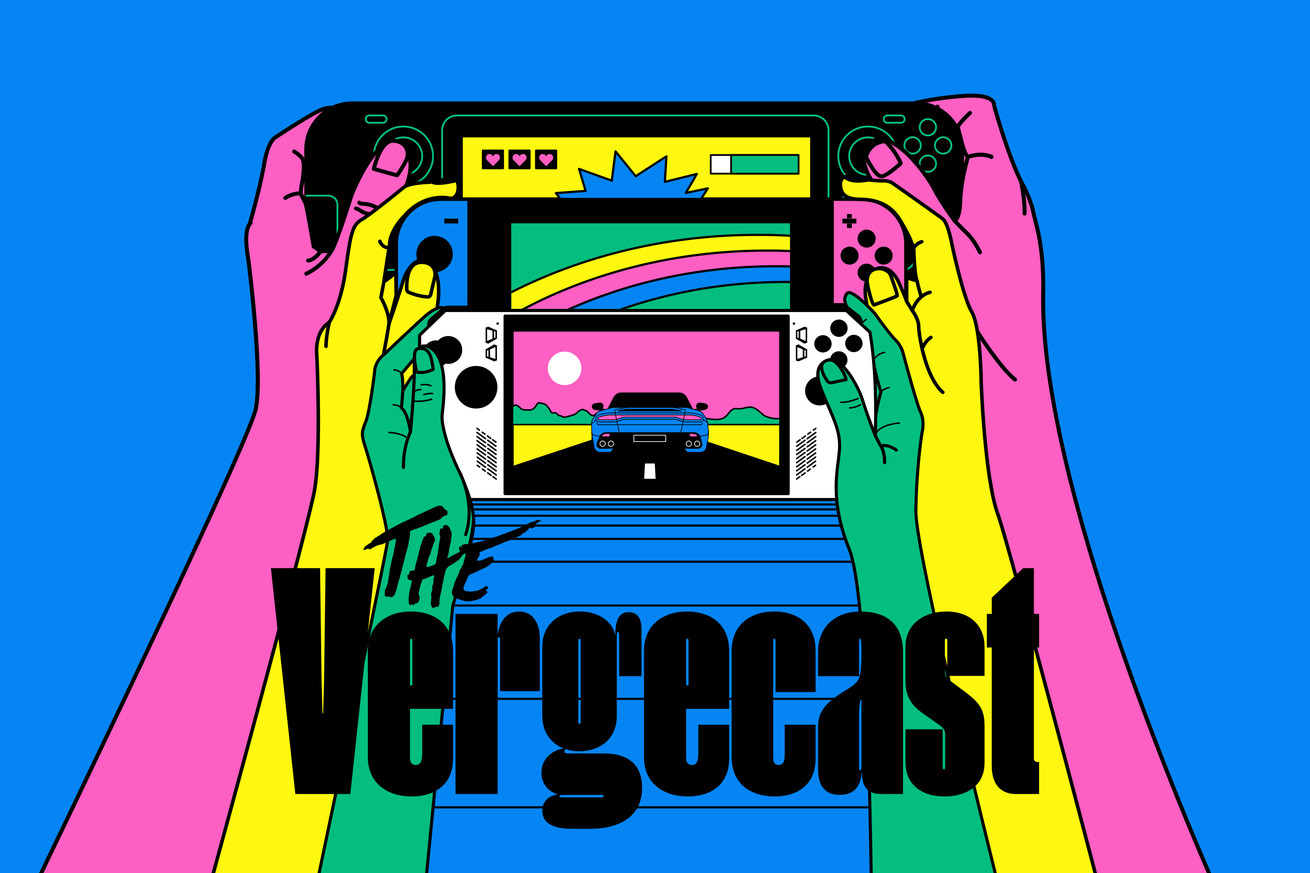 Illustration of the Vergecast logo with handheld gaming consoles