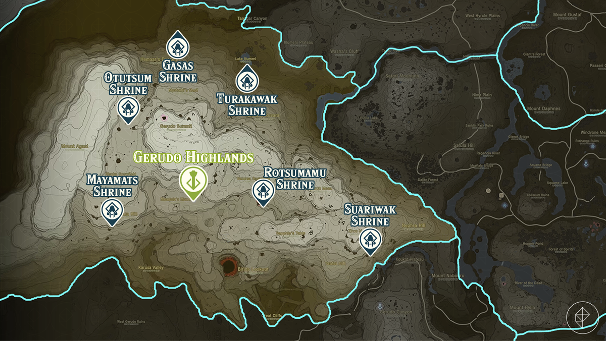 Zelda Tears of the Kingdom map of the Gerudo Highlands region with shrine locations marked