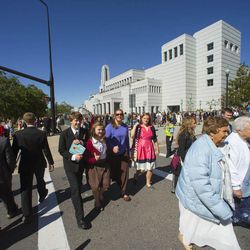 Thousands pour out of the Conference Center following the morning session of the 183rd Semiannual General Conference for The Church of Jesus Christ of Latter-day Saints Sunday, Oct. 6, 2013.