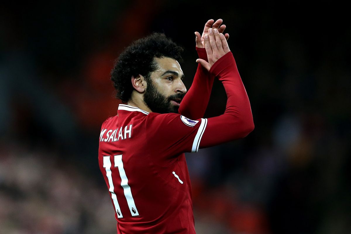 LIVERPOOL, ENGLAND - NOVEMBER 18:  Mohamed Salah of Liverpool acknoweldges the crowd during the Premier League match between Liverpool and Southampton at Anfield on November 18, 2017 in Liverpool, England.  (Photo by Jan Kruger/Getty Images)