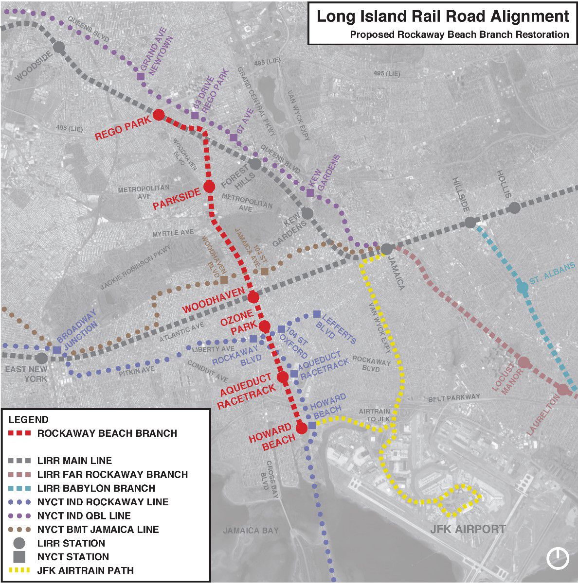 A map that depicts where the proposed LIRR spur will reconnect to the Long Island Rail Road while positioning it in the larger public transportation framework of the area.