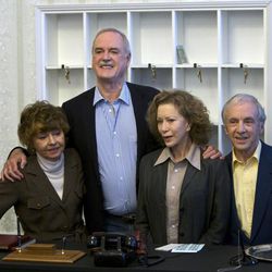 FILE - In this Wednesday, May 6, 2009 file photo, the cast of TV comedy series Fawlty Towers, from left, Prunella Scales, John Cleese, Connie Booth and Andrew Sachs reunite to celebrate the 30th anniversary of the TV show and mark a special programe "Fawlty Towers: Re-opened" at The Naval and Military Club, London. Comic actor Andrew Sachs, known primarily for his role as Manuel in the 1970s situation comedy Fawlty Towers, has died it was announced Thursday, Dec. 1, 2016. He was 86 and had been suffering from vascular dementia. 