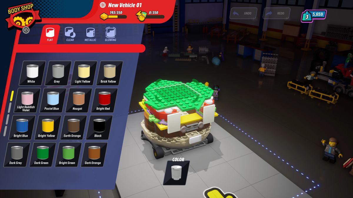 A screenshot of Lego 2K Drive’s garage, in which a player is building a hamburger-shaped Lego race car and selecting paints to color specific pieces