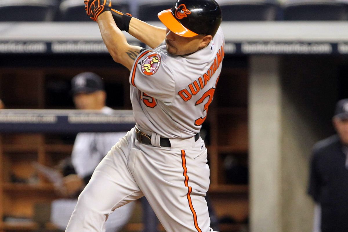 July 29, 2012; Bronx, NY, USA;  Baltimore Orioles shortstop Omar Quintanilla is doing the little things that don't show up in the box scores, except when they do.  Mandatory Credit: Anthony Gruppuso-US PRESSWIRE