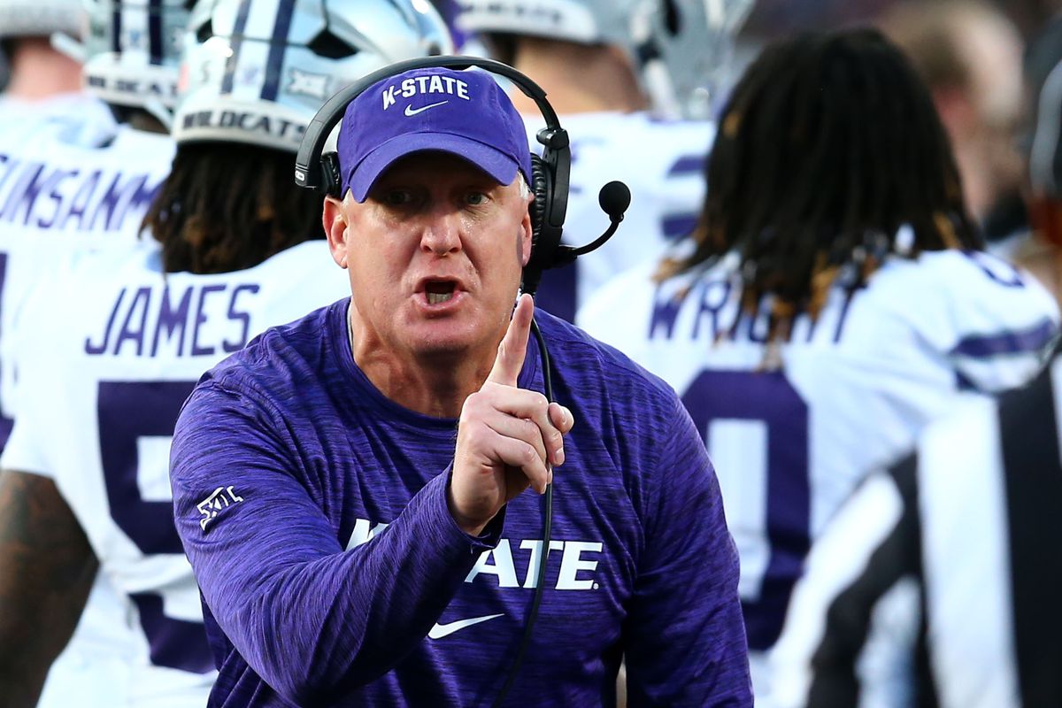 Oct 14, 2023; Lubbock, Texas, USA; Kansas State Wildcats head coach Chris Klieman argues a call in the first half during the game against the Texas Tech Red Raiders at Jones AT&amp;amp;T Stadium and Cody Campbell Field.