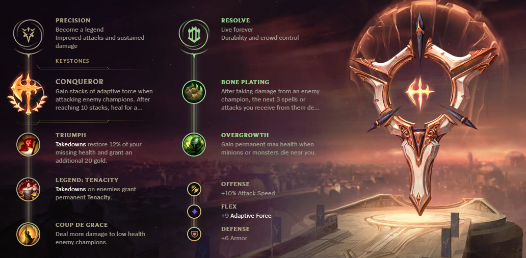 A rune page shows Conqueror taken in the first slot, with the Resolve tree in the second slot