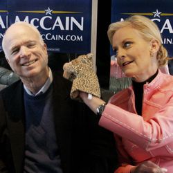 Cindy McCain uses a cheetah hand puppet to make her husband laugh.