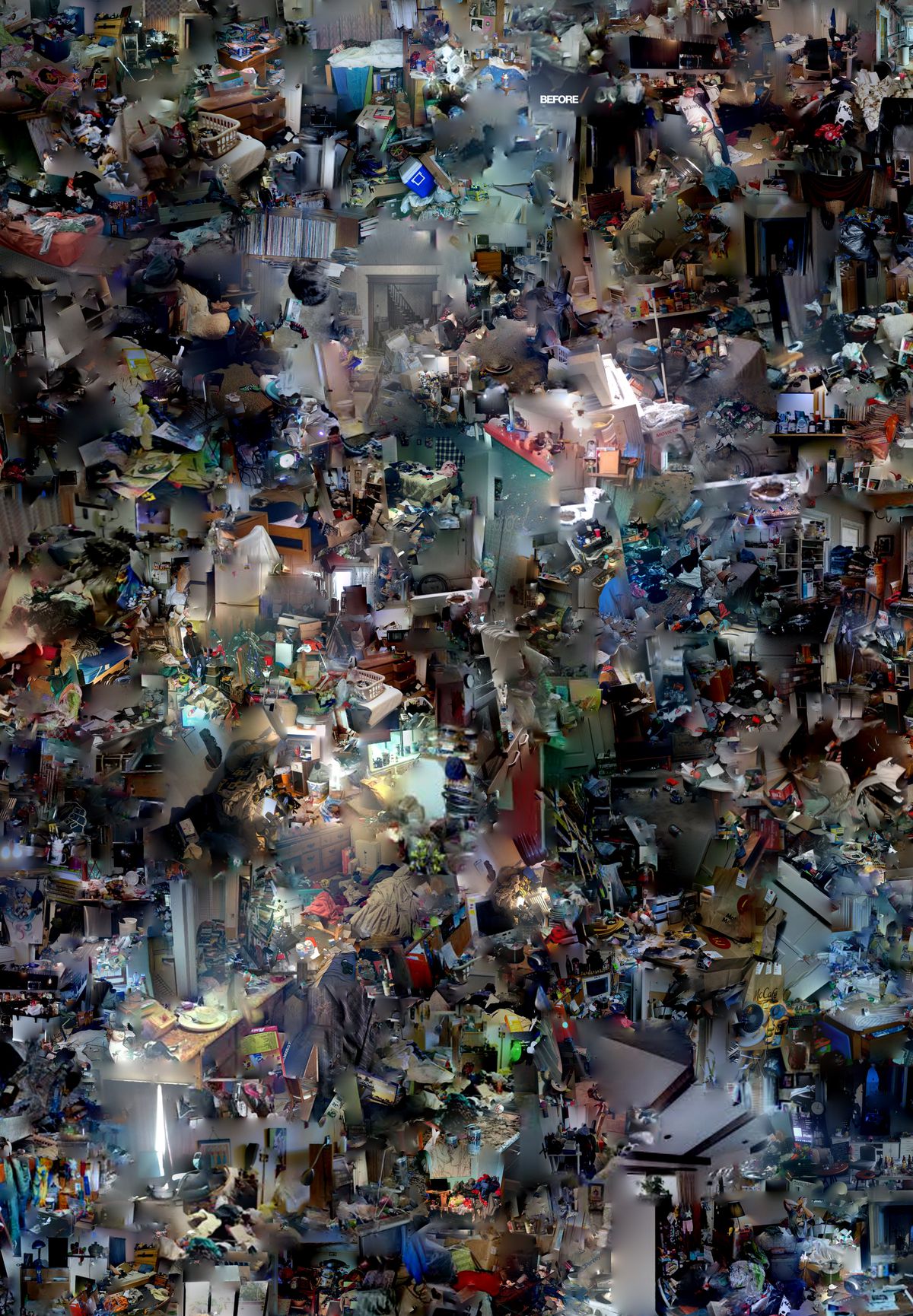 A huge, portrait-oriented collage of images of horribly messy bedrooms