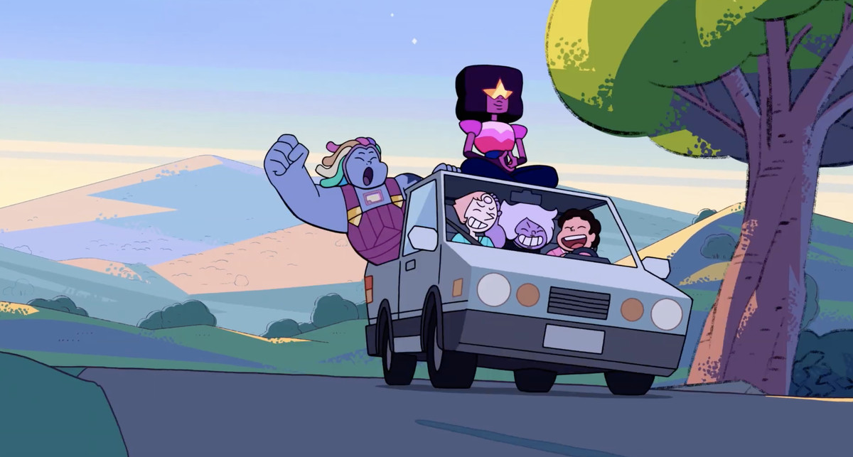 Steven driving a car. Amethyst and Pearl sit inside with him, Bismuth hangs out the window, Garnet meditates peacefully atop the car