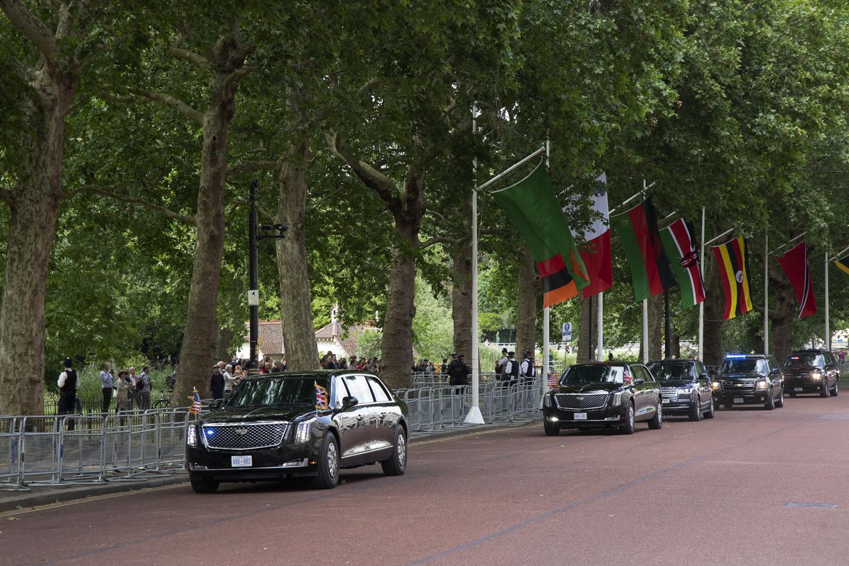 President Donald Trump’s motorcade drives along Horse Guards Road on June 3, 2019, in London, United Kingdom. Police had erected barricades to control crowds, but almost no one showed up.