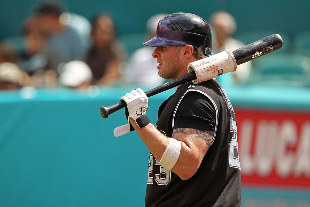 MIAMI GARDENS, FL - APRIL 24:  Jason Giambi #23 of the Colorado Rockies looks on during a game against the Florida Marlins  at Sun Life Stadium on April 24, 2011 in Miami Gardens, Florida.  (Photo by Mike Ehrmann/Getty Images)