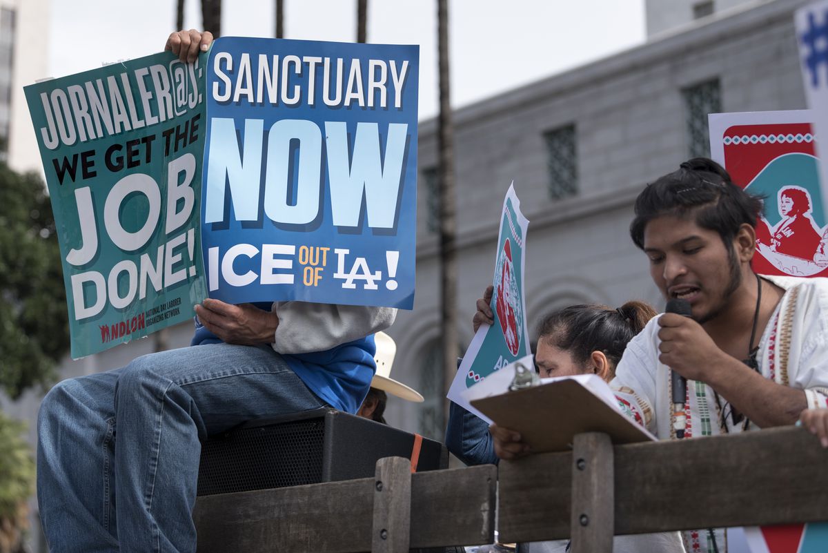 Protesters in Los Angeles call for the city to resist federal Immigration and Customs Enforcement (ICE), in February.