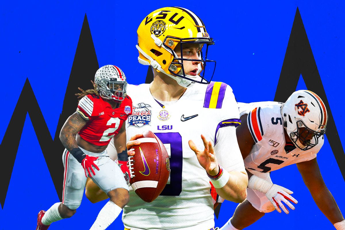 A collage of 3 NFL Draft prospects: Ohio State DE Chase Young, LSU QB Joe Burrow, Auburn DT Derrick Brown