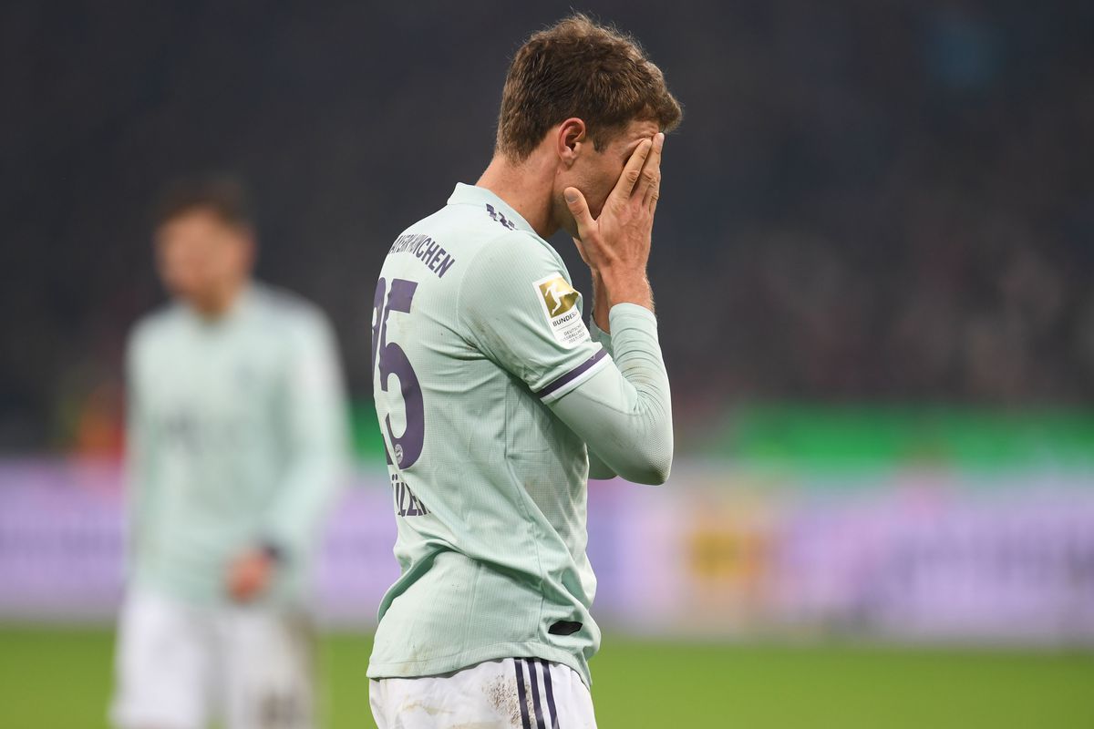 Bayern Munich's German forward Thomas Mueller reacts during the German first division Bundesliga football match Bayer Leverkusen vs Bayern Munich in Leverkusen, western Germany, on February 2, 2019.