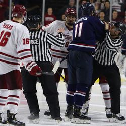 The UConn Huskies take on the UMass Minutemen in a men’s college hockey game at the Mullins Center in Amherst, MA on February 21, 2019.