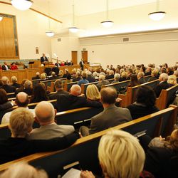 Missionary couples listen to President Dieter F. Uchtdorf, second counselor in the First Presidency of The Church of Jesus Christ of Latter-day Saints, speak at a fireside for the Salt Lake Inner City Mission in Salt Lake City, Friday, Dec. 4, 2015.