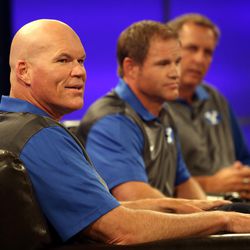 Offenisve coach MIke Empey answers questions during BYU Media Day at BYU Broadcasting in Provo on Thursday, June 30, 2016.