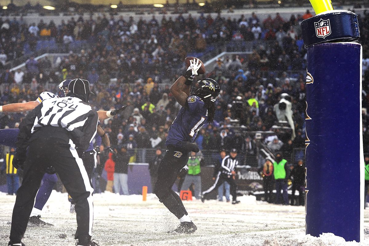 Ravens' rookie WR Marlon Brown making the game-winning touchdown catch against the Vikings.