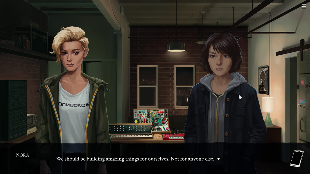 Eliza - Evelyn, a woman in a hoodie and jacket with short black hair, talks with Nora, a blonde woman in a t-shirt and jacket. The on-screen text says: “NORA: We should be building amazing things for ourselves. Not for anyone else.”