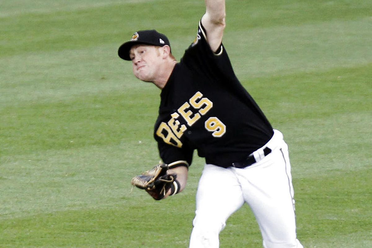 Kole Calhoun of the Salt Lake Bees is a promising outfielder on the rise in the Angels' organization.
