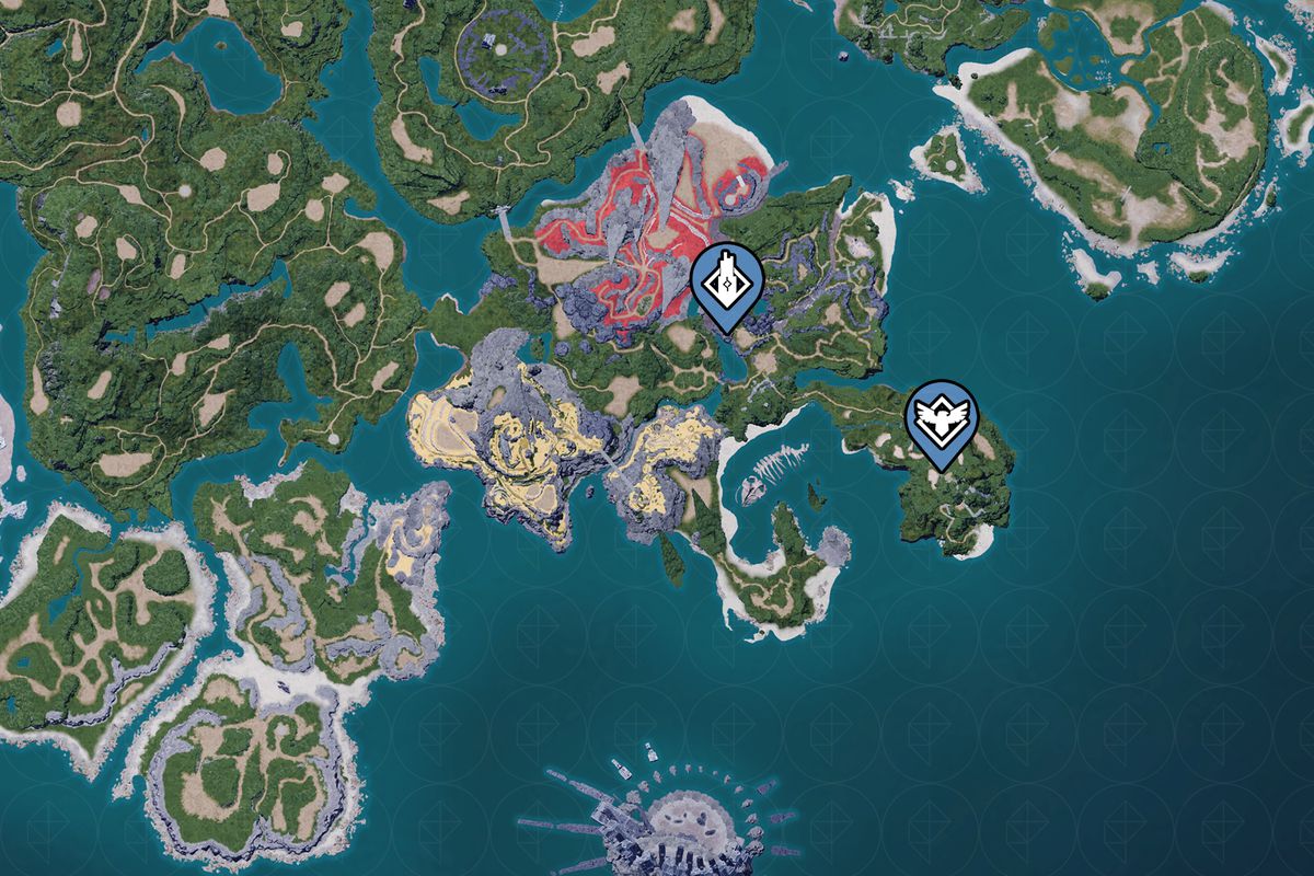 A Palworld map pointing out the starting area with icons pointing to the Plateau of Beginnings and the Rayne Syndicate Tower.