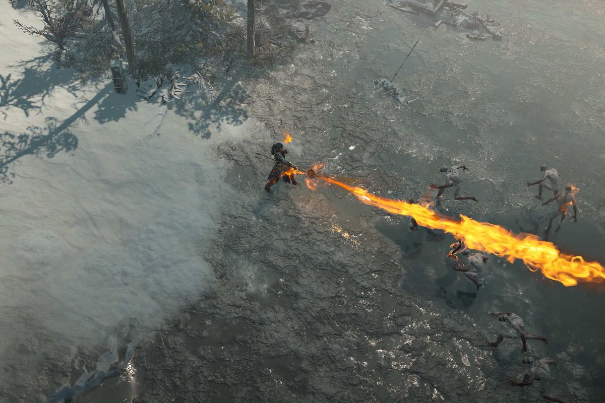 A sorcerer spews fire out of a staff that’s equipped with a new season 1 legendary aspect in Diablo 4.