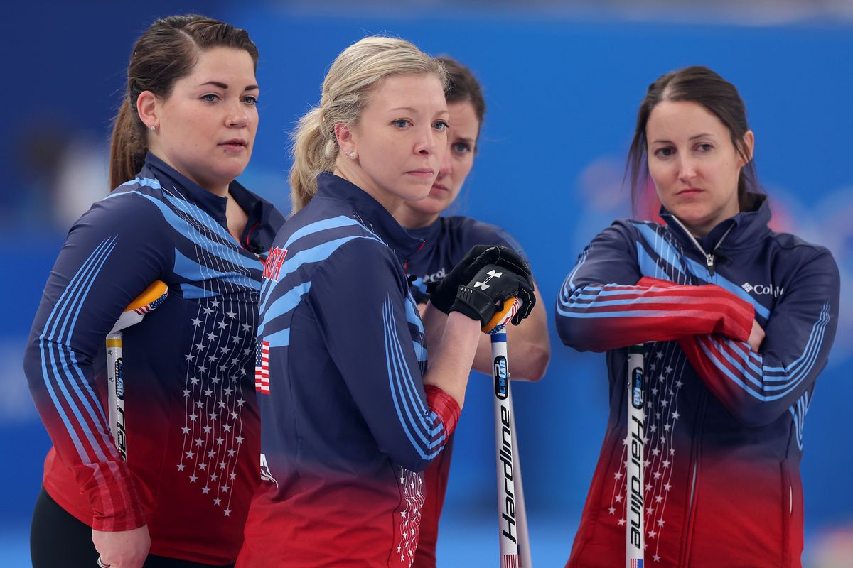 Becca Hamilton, Nina Roth, Tara Peterson and Tabitha Peterson of Team United States look on against Team Switzerland during the Women’s Curling Round Robin Session on Day 11 of the Beijing 2022 Winter Olympic Games at National Aquatics Centre on February 15, 2022 in Beijing, China.