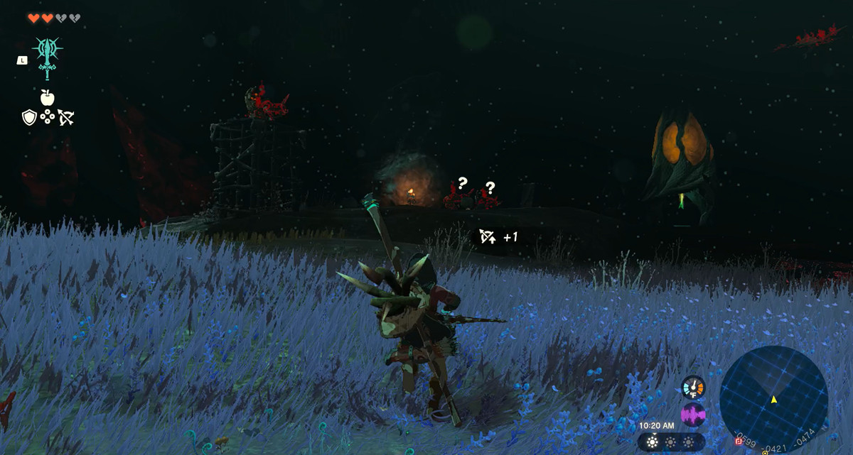 A dark screenshot of Zelda: Tears of the Kingdom, with link heading into a group of bokoblins