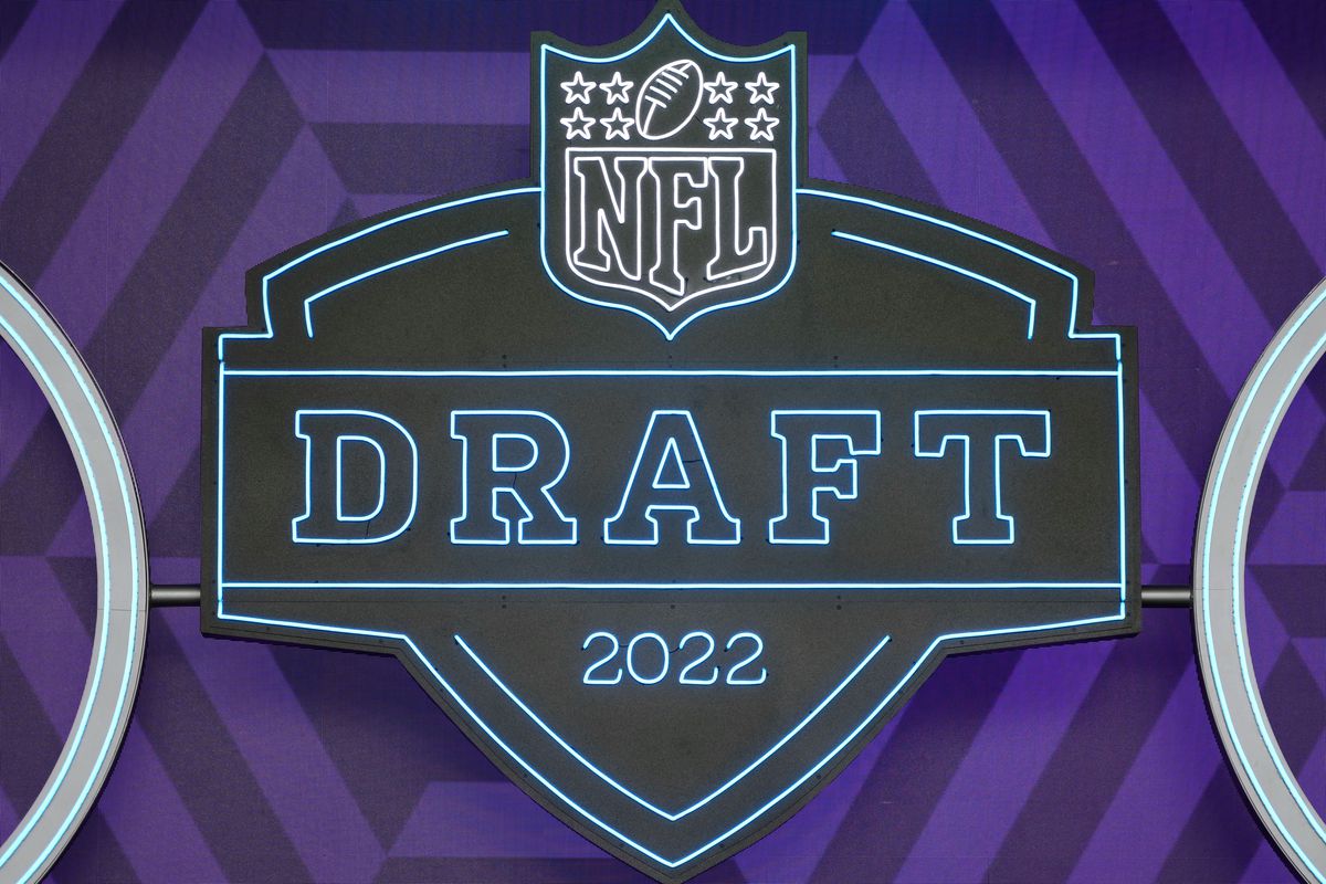 A detail view of the NFL Draft 2022 logo before the first round of the 2022 NFL Draft at the NFL Draft Theater.