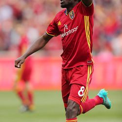 Real Salt Lake midfielder Stephen Sunny Sunday (8) celebrates his goal against the Seattle Sounders in Sandy on Saturday, March 12, 2016. Real won 2-1. 