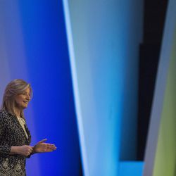 Arianna Huffington, founder of The Huffington Post, speaks to the crowd during Qualtrics' X4 Summit at the Salt Palace Convention Center in Salt Lake City on Wednesday, March 7, 2018.
